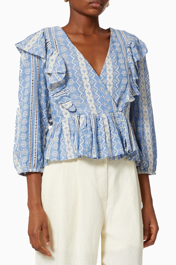 Yastalia Wrap Blouse in Organic Cotton, Blue