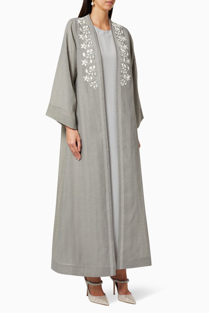 

Textured Organza Beaded Abaya Set, Grey