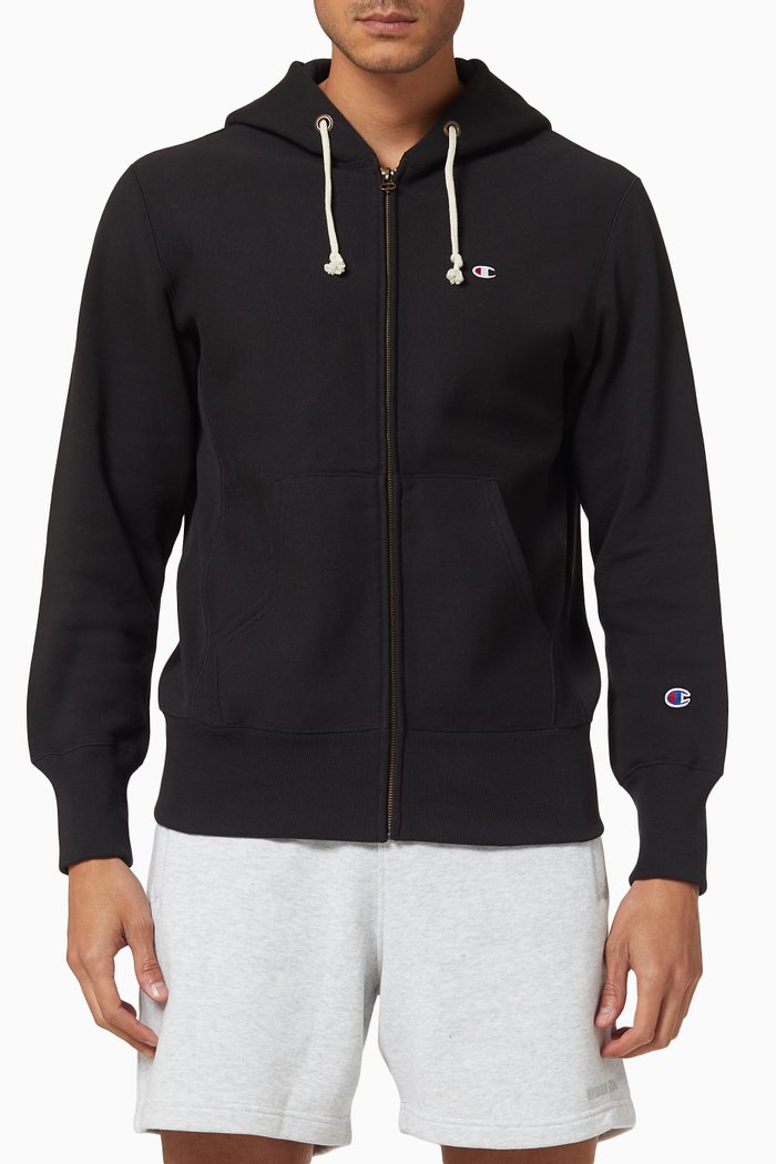 

Embroidered Logo Reverse Weave Zip Hoodie, Black