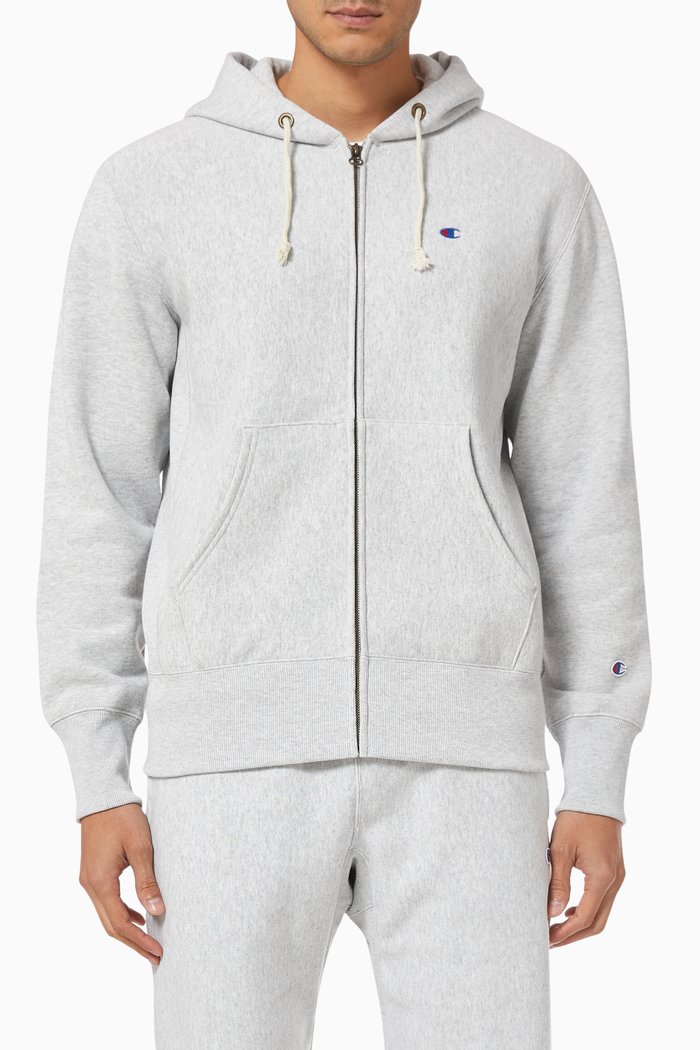 Embroidered Logo Reverse Weave Zip Hoodie, Grey