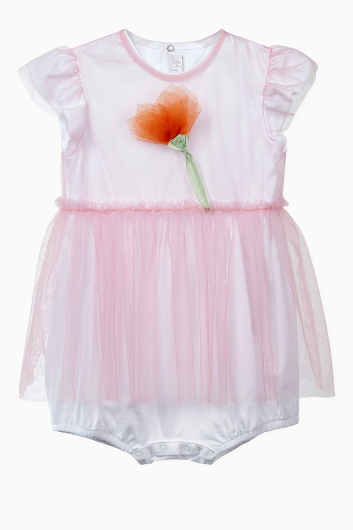 Tulle Flower Jersey Romper, Pink