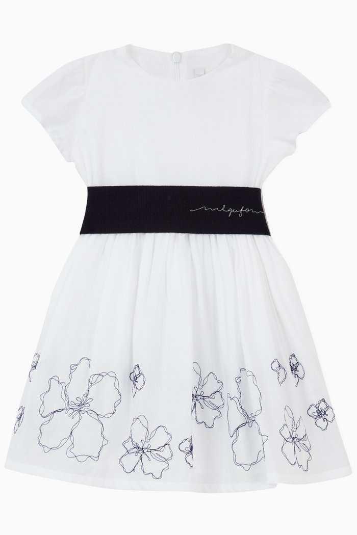 

Embroidered Floral Dress with Bow in Cotton, White