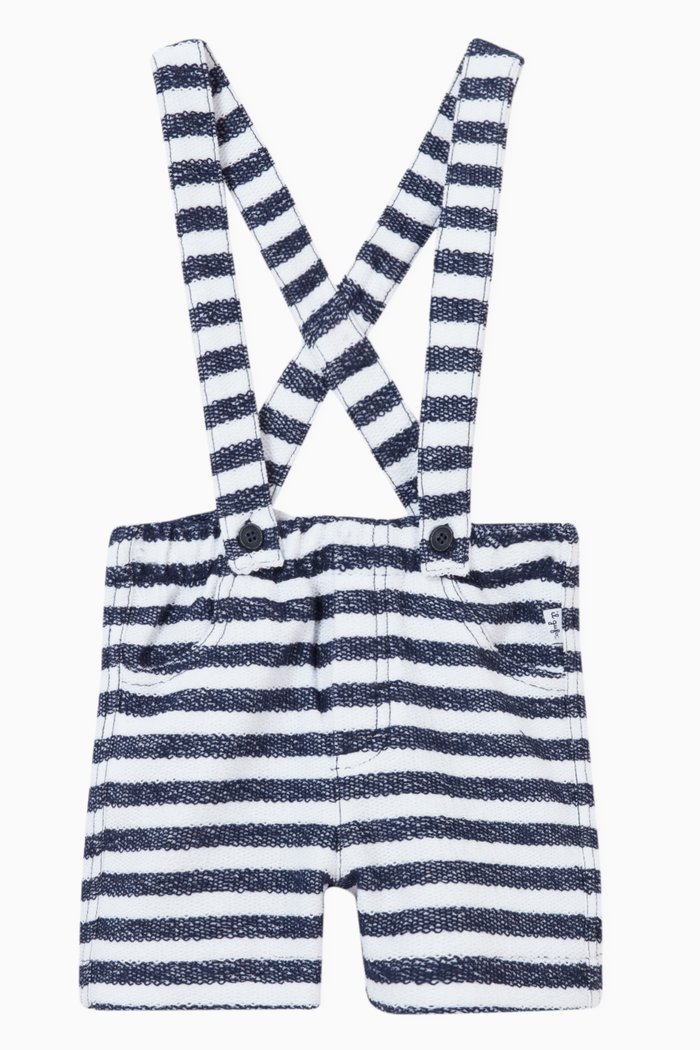 

Striped Dungaree Shorts in Linen, Blue