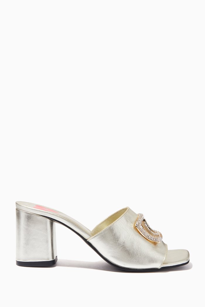 Embellished Logo Sandals in Leather, Silver