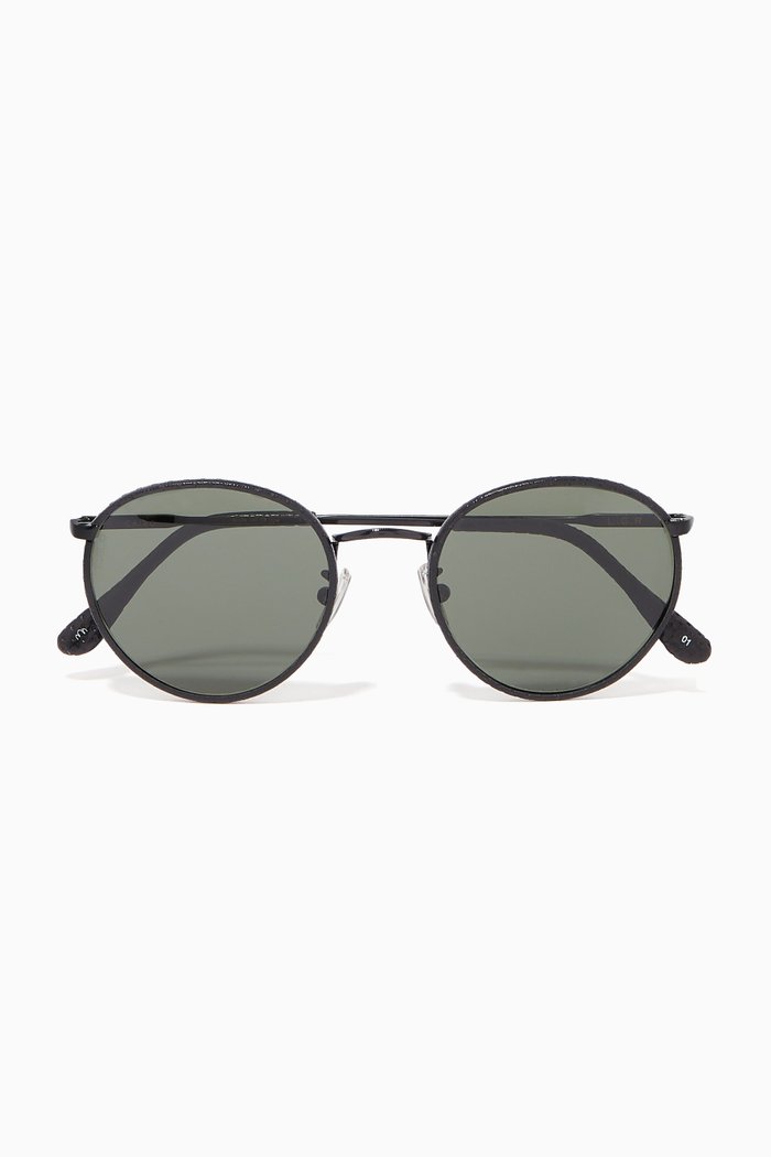 

Cairo Round Sunglasses in Metal and Leather, Black
