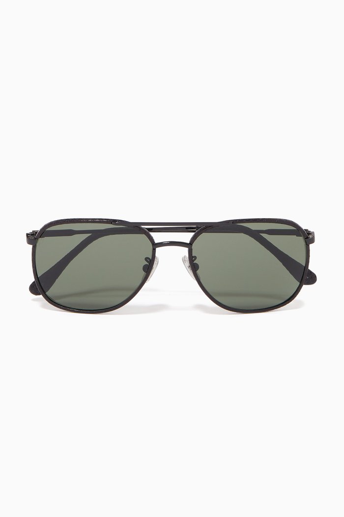 

Rabat Aviator Sunglasses in Metal and Leather, Black