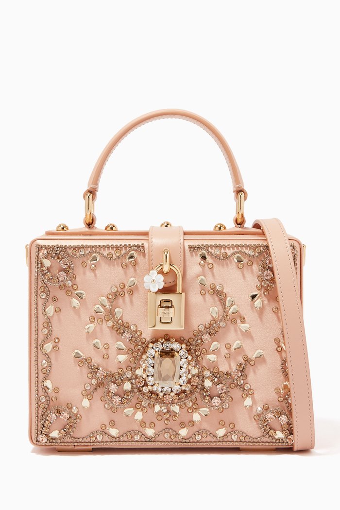 Dolce Box Bag with Crystals in Satin, Neutral