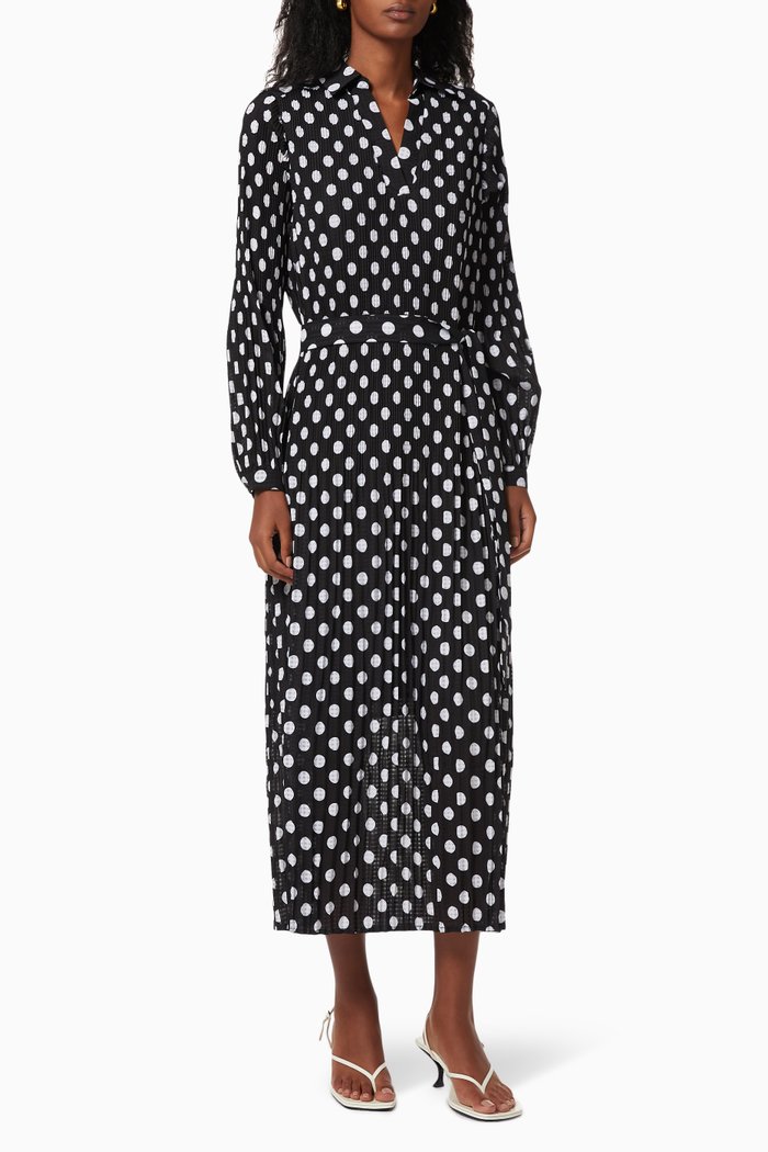 

Plissed Polka Dot Belted Midi Dress, Black