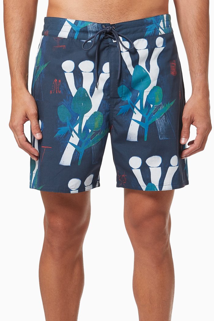 

Shaka Tom Król Flowers Swim Trunks in Cotton Poplin, Blue
