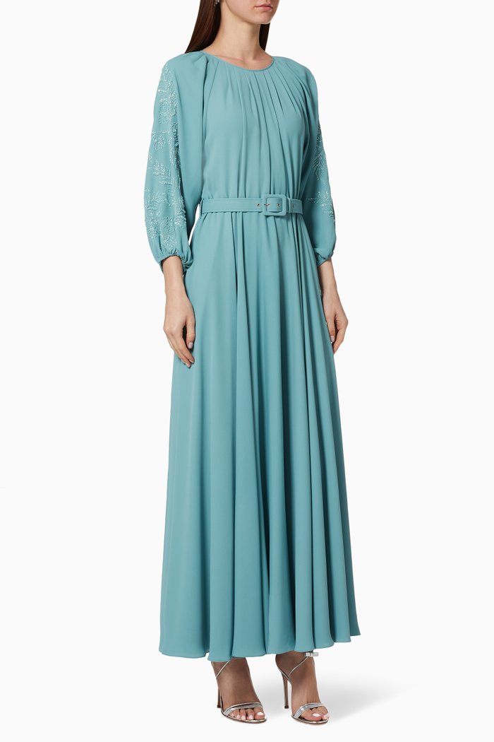 

Embroidered Belted Twill Kaftan, Blue