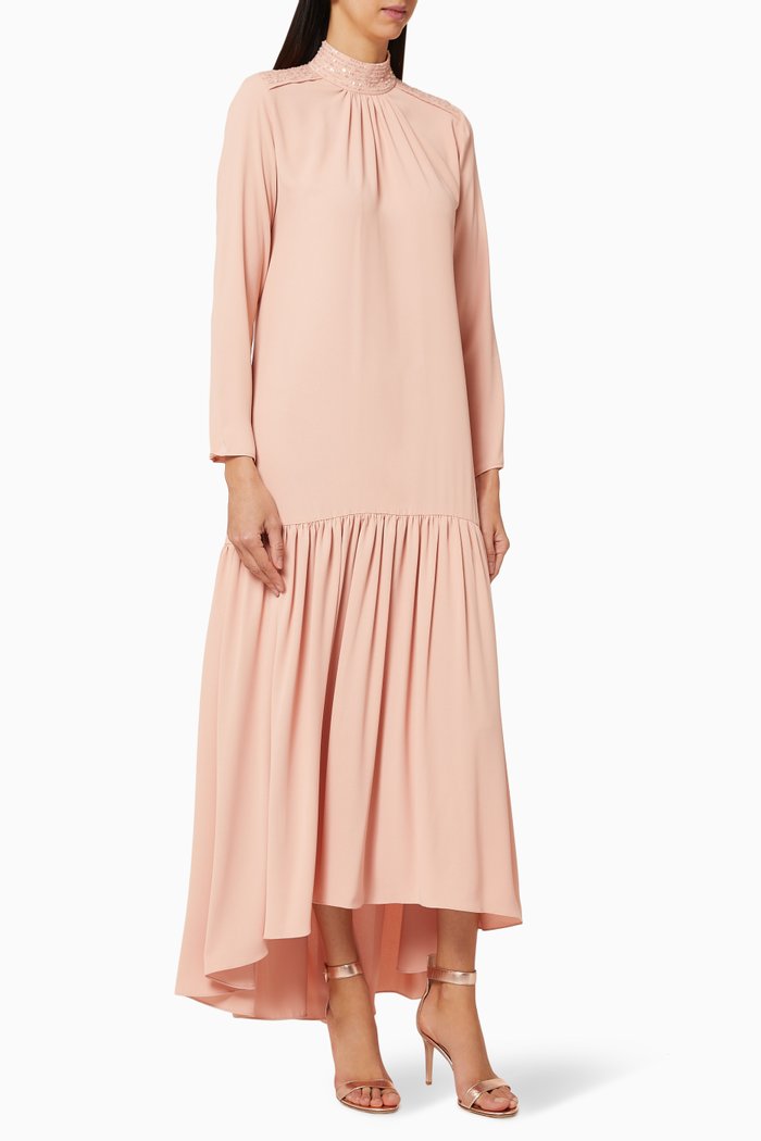 

Embroidered Hi-Low Twill Dress, Pink