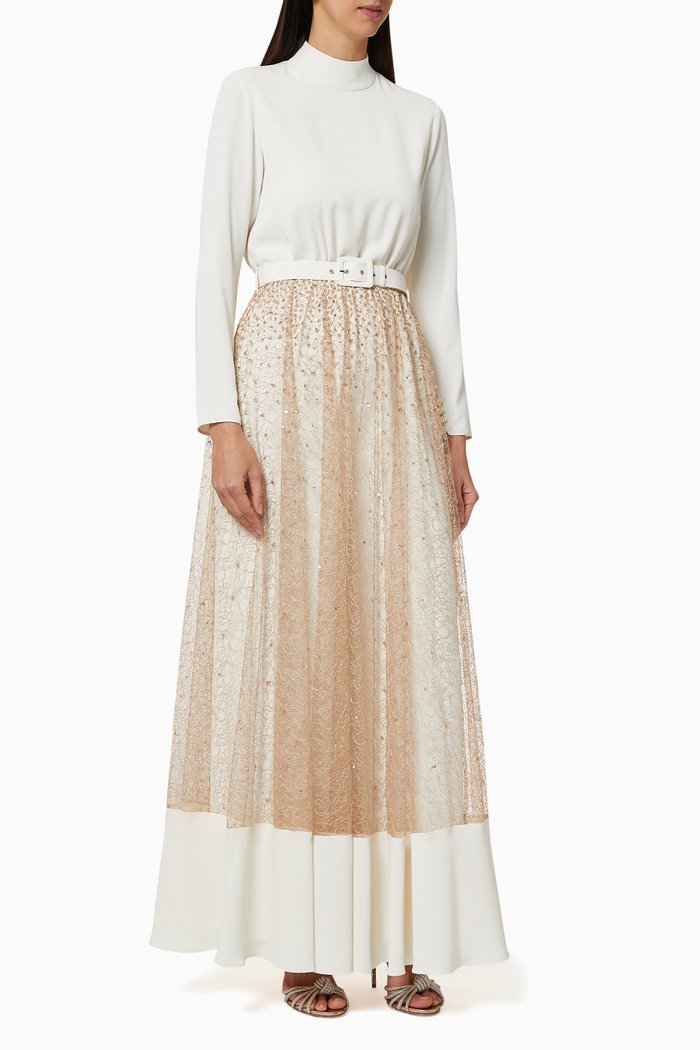 

Tulle Embroidered Skirt-Pant Suit, Neutral