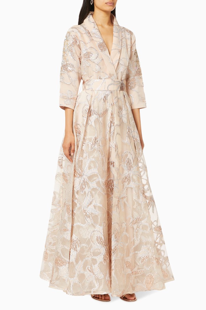 

Lapel Collar French Tulle Foil Dress, Gold