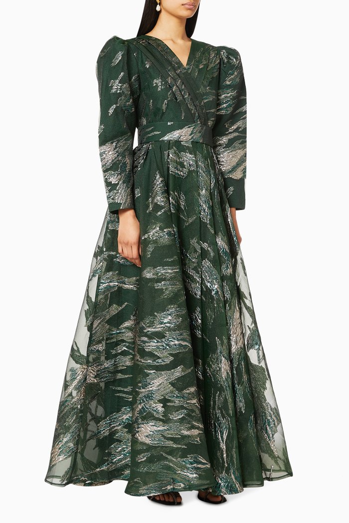 

Puffed Shoulder French Tulle Foil Dress, Green