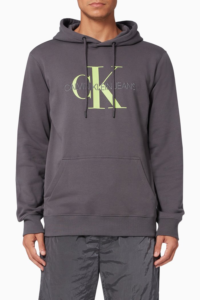 

Monogram Logo Hoodie in Cotton Fleece, Grey