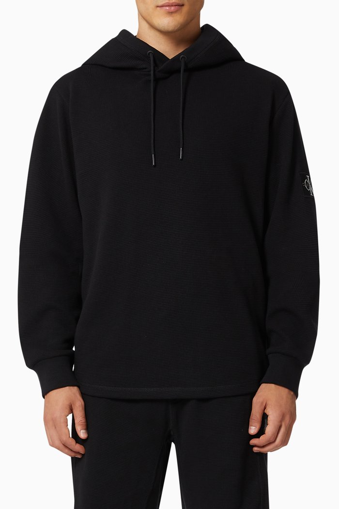 

Badge Hoodie in Cotton Waffle Knit, Black