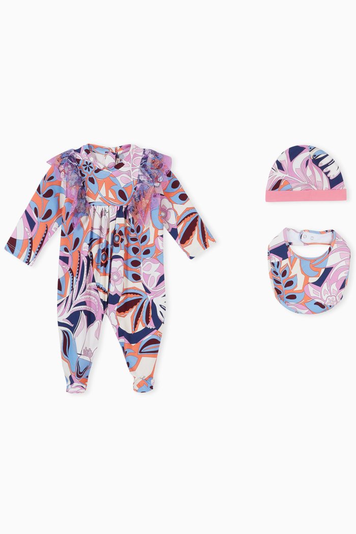 

Printed Pajamas, Bib & Hat Set in Stretch Cotton, Multicolour