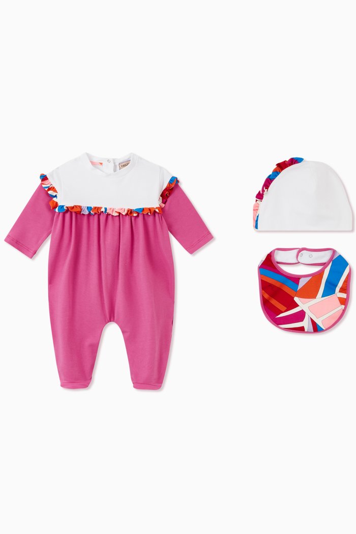 

Tropical Print Ruffle Babygrow Set, Set of 3, Pink