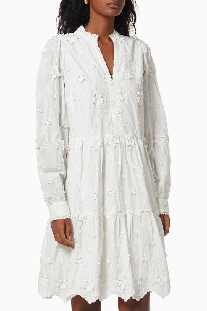 

3d Applique Floral Print Dress in Cotton, White