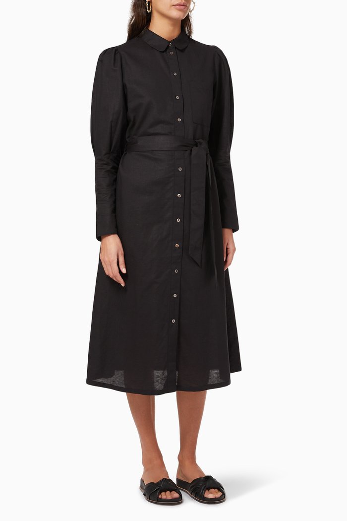 

Linen Midi Shirt Dress, Black