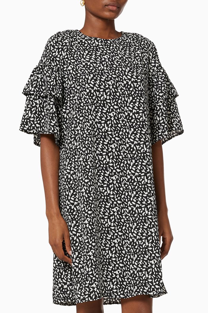 

Short Printed Ruffle Dress, Black