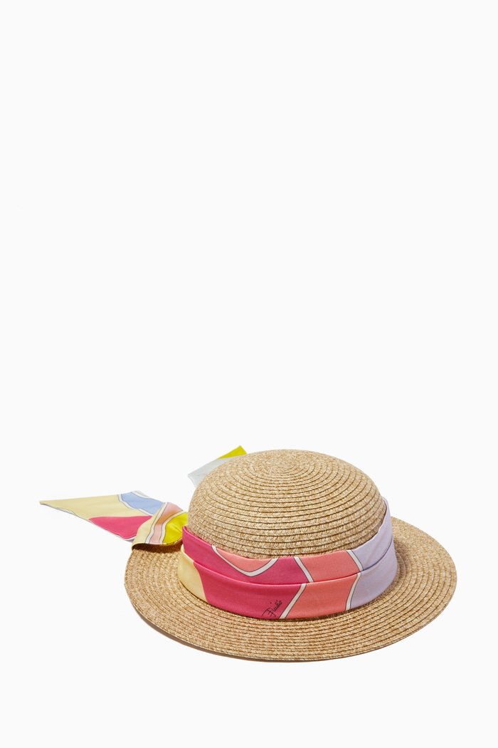 Sun Hat with Printed Scarf in Paper & Silk Blend, Multicolour