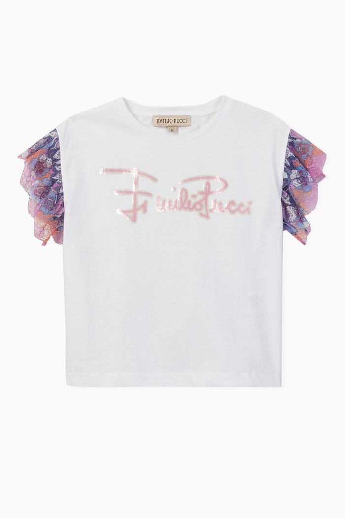 

Samoa Print Lace Sleeves Cotton T-Shirt, White