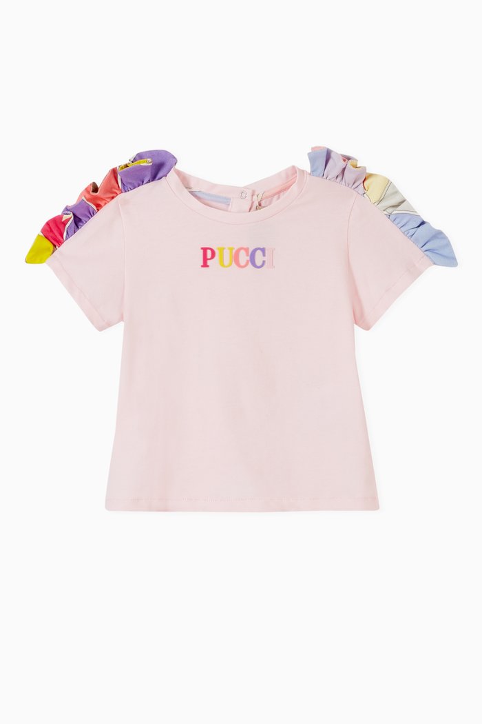 

Printed Ruffle T-Shirt in Stretch Cotton, Pink