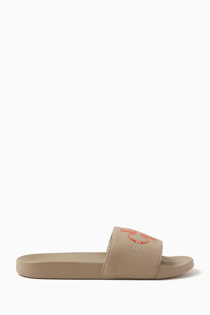 Monogram Slides in Cotton Canvas, Neutral