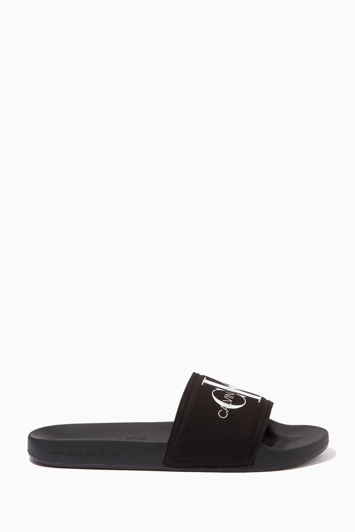 Monogram Slides in Cotton Canvas, Black