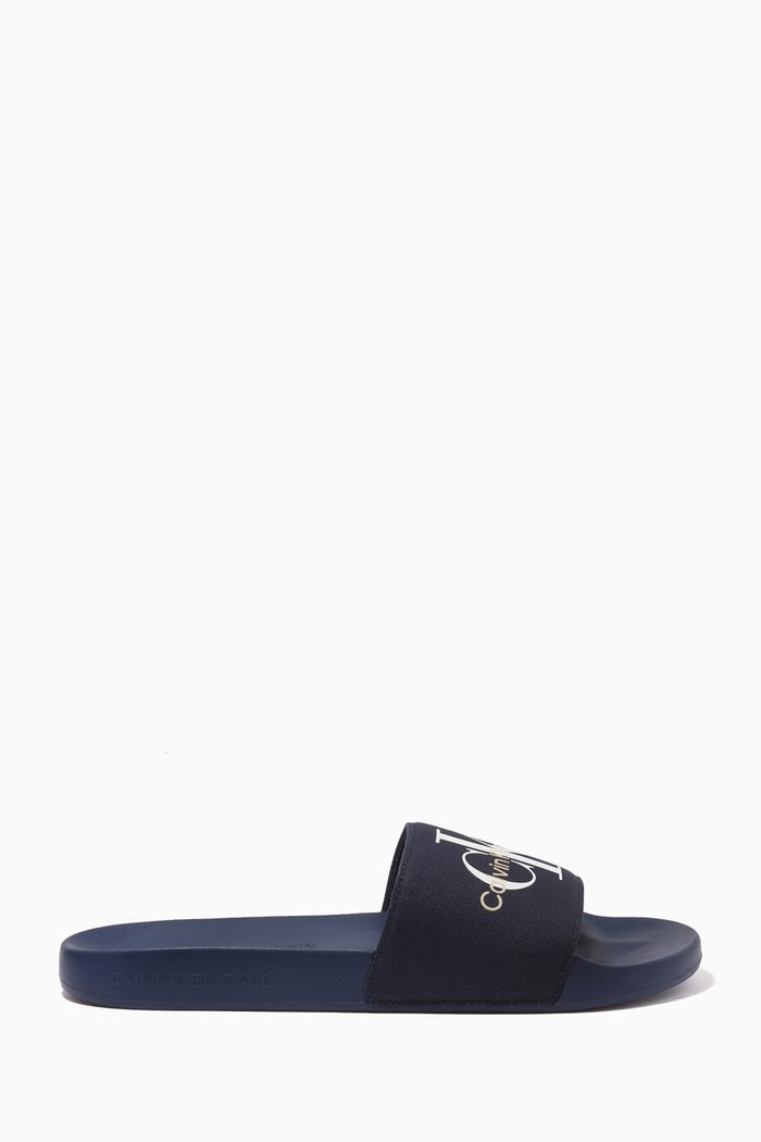 Monogram Slides in Cotton Canvas, Blue