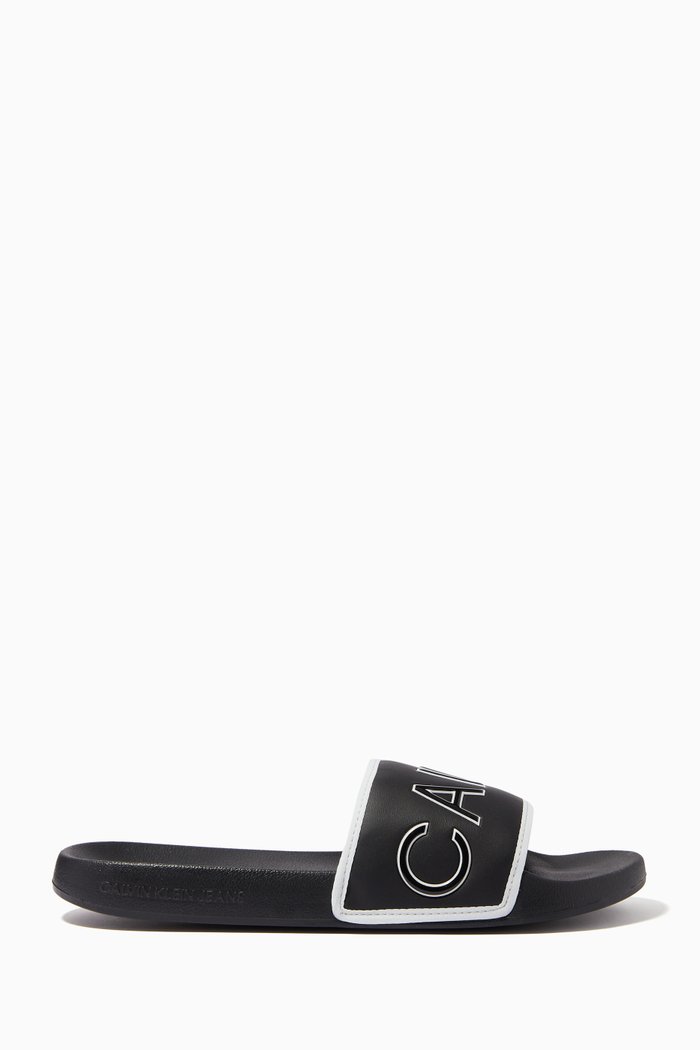 CK Padded Slides in Faux Leather & Rubber, Black