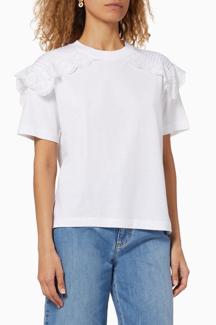 Lace Trim Cotton T-Shirt, White