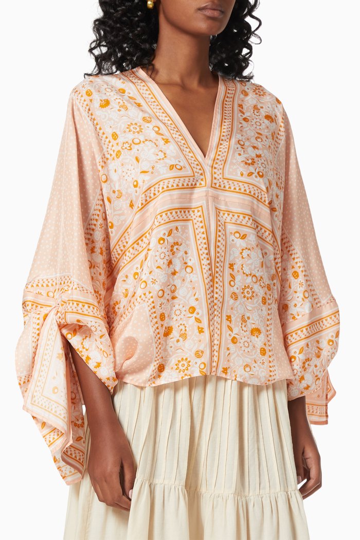 

V Neck Top in Floral Silk, Pink