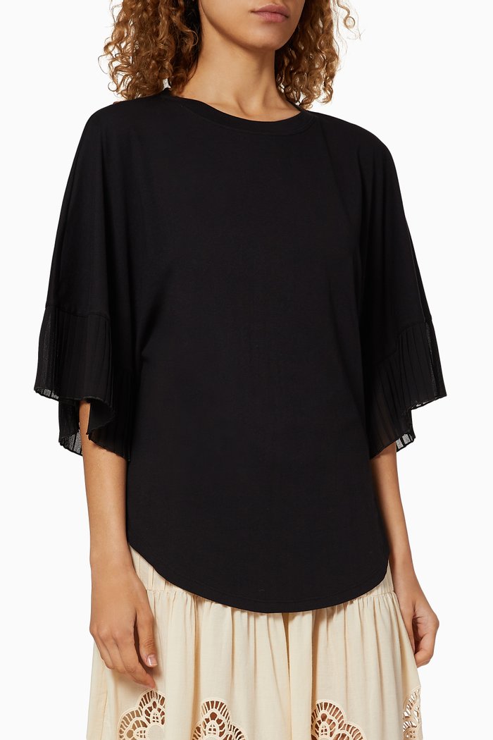 

Pleated Sleeves Cotton T-Shirt, Black