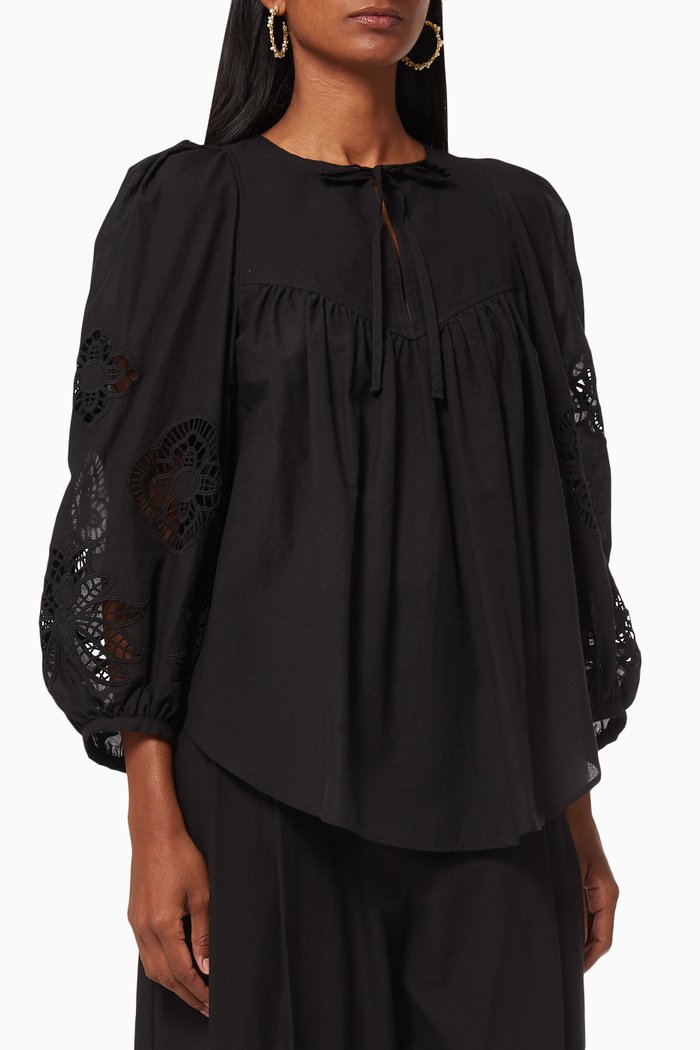 

Guipure Cotton Voile Top, Black