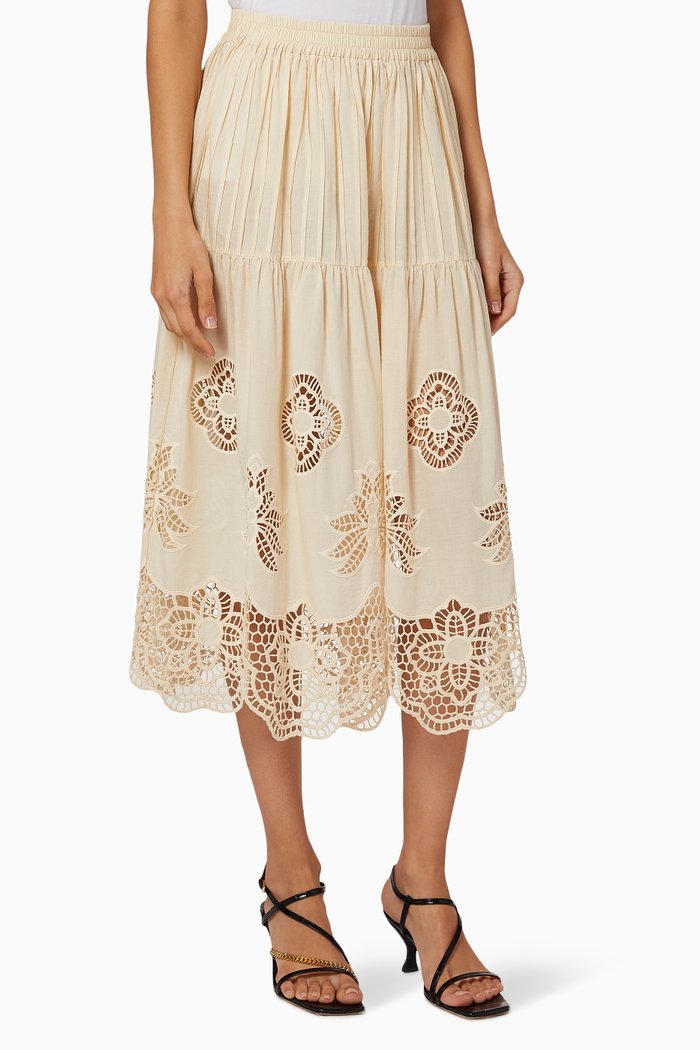 

Guipure Flared Cotton Midi Skirt, Neutral