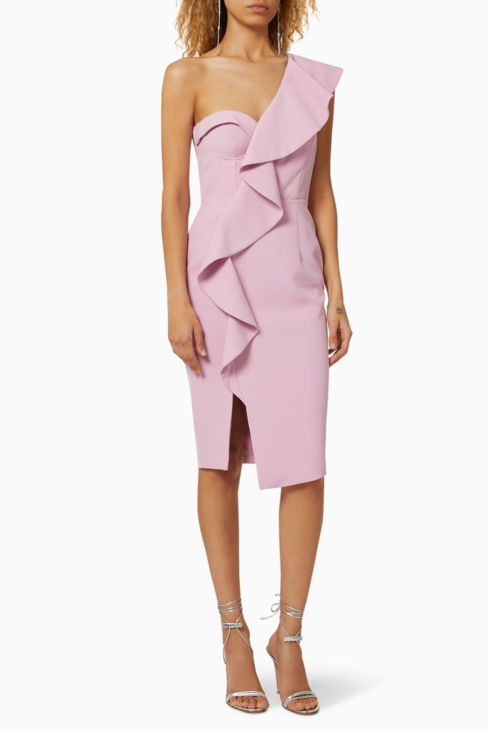 

One Shoulder Ruffle Corset Midi Dress, Pink