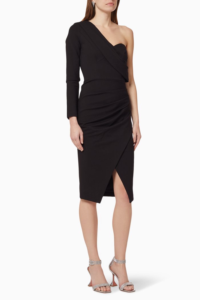 

One Sleeve Pleated Wrap Midi Dress, Black