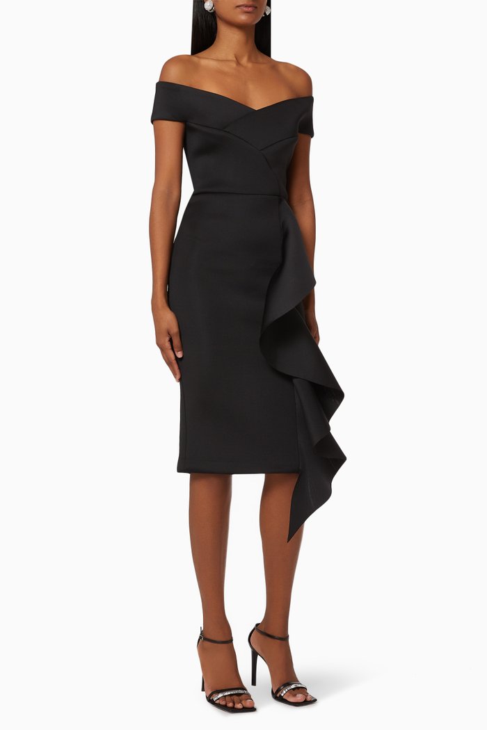 Bardot Frill Scuba Midi Dress, Black
