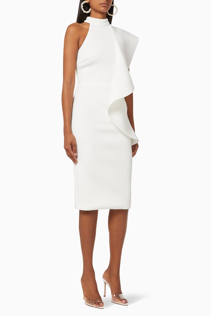 

High Neck Frill Scuba Midi Dress, White