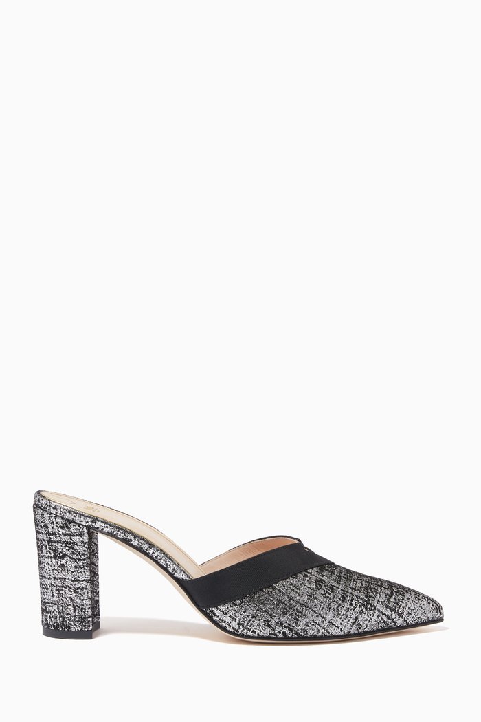 

Olona Mules in Soft Calfskin Leather and Grossgrain, Silver