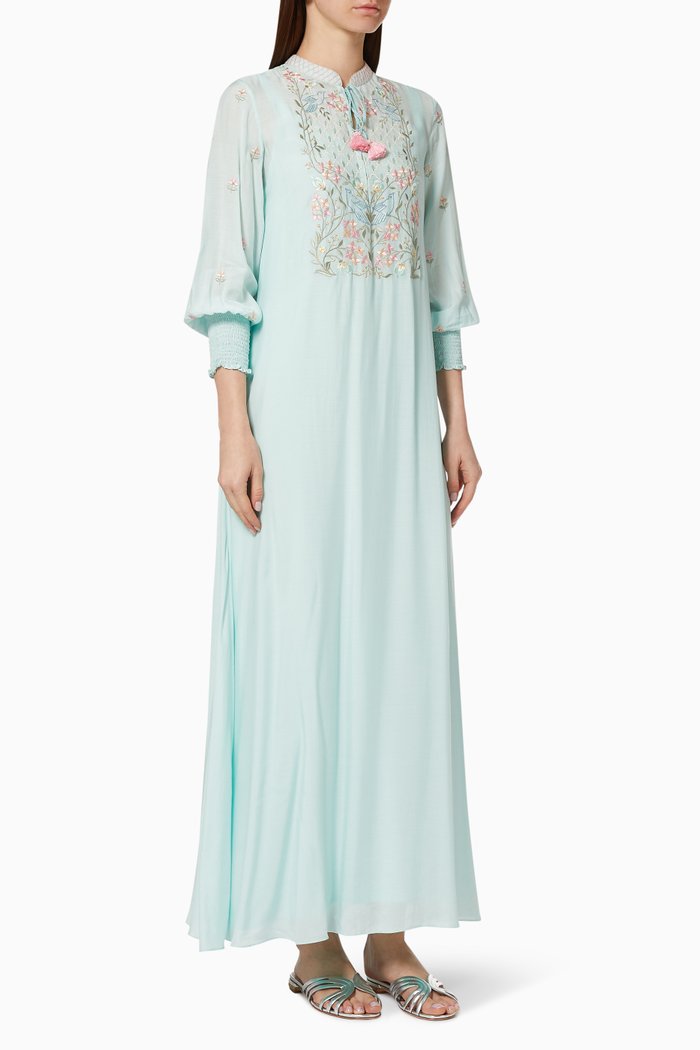 

Self-Tie Embroidered Kaftan, Blue