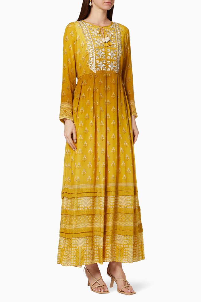 

Embroidered Crepe Dress, Yellow