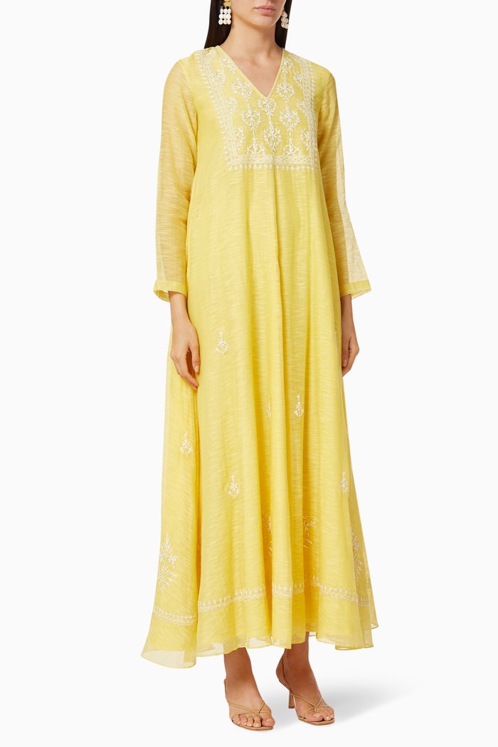 

Embroidered Silk Blend Kaftan, Yellow