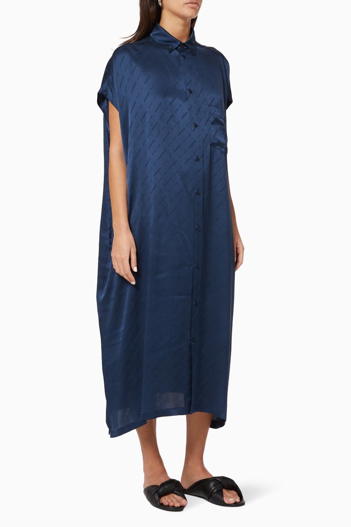 

Allover Logo Rawcut Sleeves Dress in Silk Jacquard, Blue