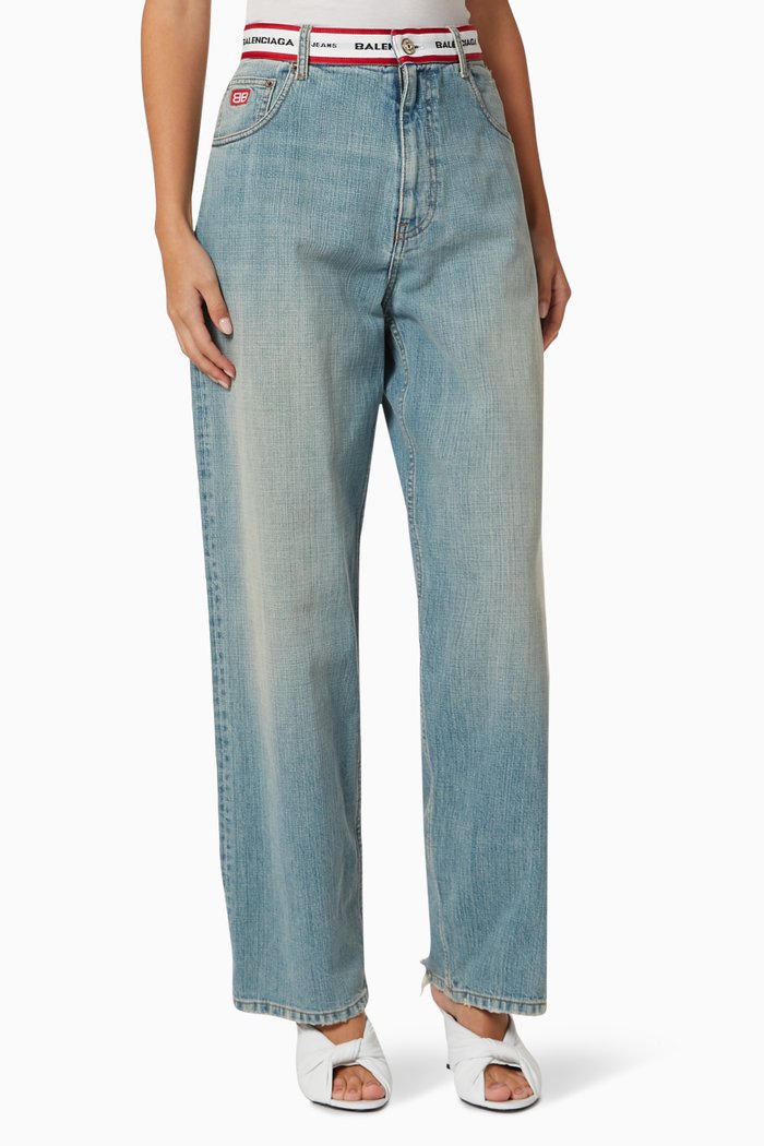 

Logo Waistband Pants in Stonewashed Japanese Denim, Blue