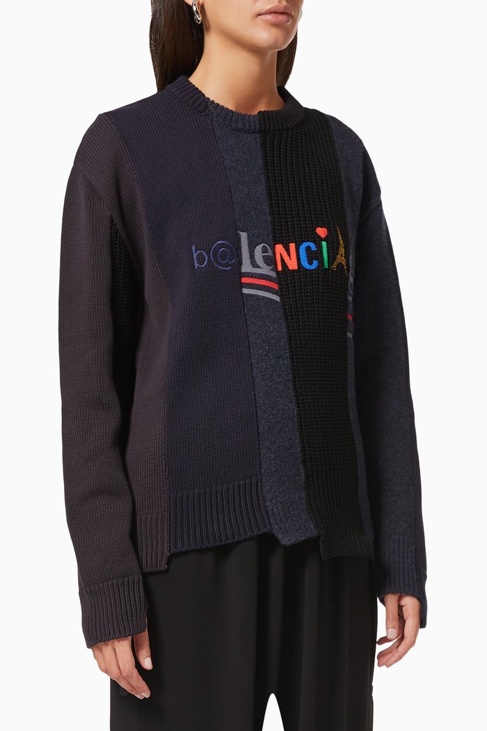 

Logo Crewneck in Wool-Cotton Recomposed Knit, Black