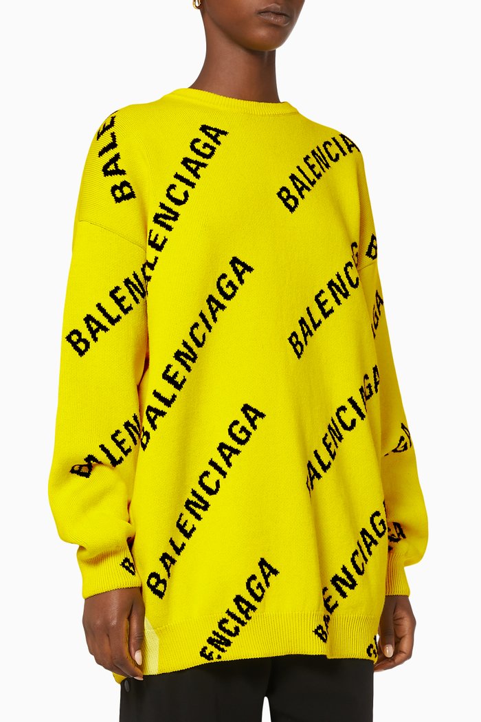 Allover Logo Crewneck in Wool Jacquard Knit, Yellow