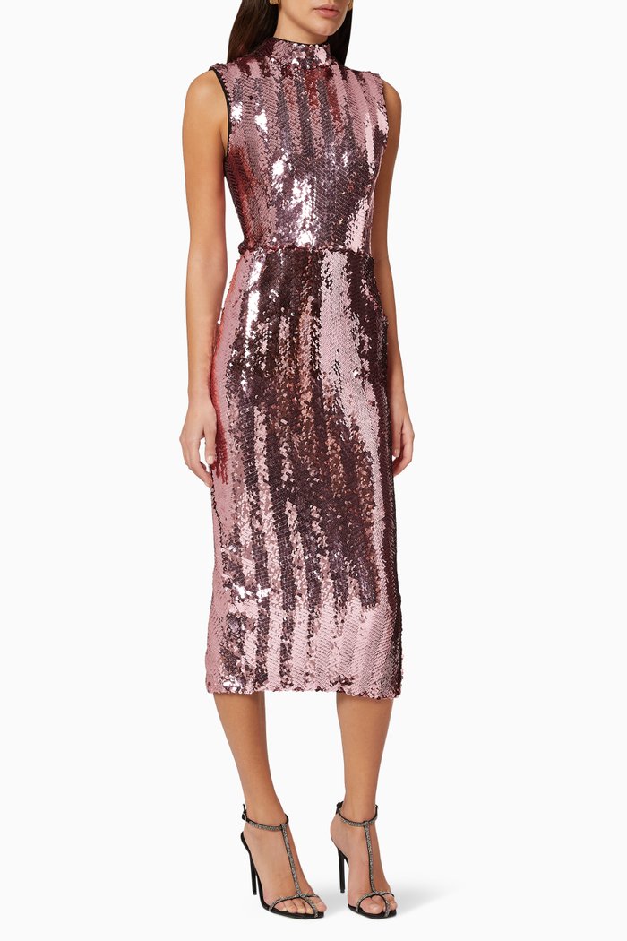 Mirrored Stretch Sequin Midi Dress, Burgundy
